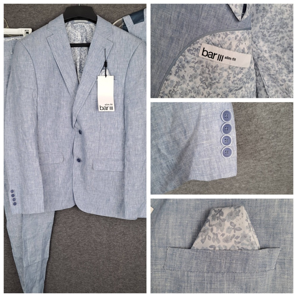 Bar III Men's Blue Slim-Fit Textured Linen Jacket Vest Pants 3-Piece Suit 38S